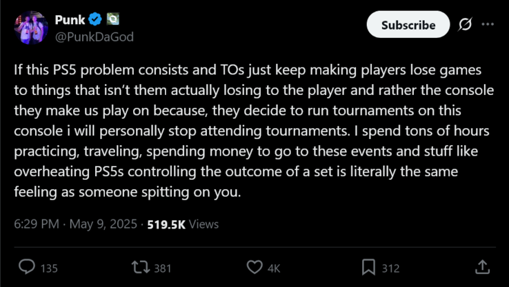 Post di PunkDaGod X sul surriscaldamento della PS5 all'Evo Japan (Fonte immagine: account PunkDaGod X)