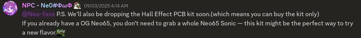 QwertyKeys conferma il kit HE PCB per la serie QwertyKeys Neo65. (Fonte immagine: QwertyKeys su Discord)