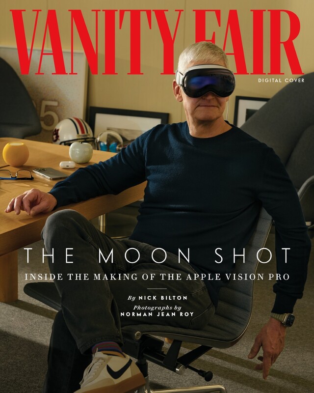 Apple-Il CEO Tim Cook non indossa Prada, ma Vision Pro. (Immagine: Vanity Fair)