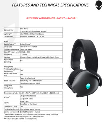 Alienware AW520H - Specifiche. (Fonte: Dell)