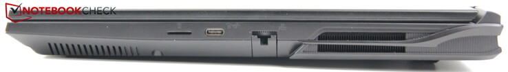 A destra: Lettore MicroSD, USB-C 3.2 Gen2 (DisplayPort 1.4, compatibile G-SYNC, Power Delivery: no), RJ45/LAN