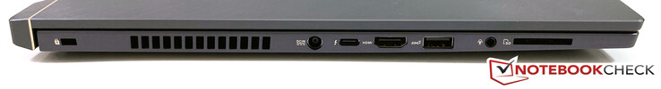 A sinistra: Security slot, alimentazione, USB-C w/ TB3 (USB 3.1 Gen.2, DP 1.4, 40 Gbps), HDMI 2.0b, USB-A (3.1 Gen.2), 3.5 mm stereo, lettore SD