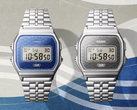 Casio Vintage AE159WEVJ-2 e AE159WEVJ-7 su uno sfondo blu e argento tenue.