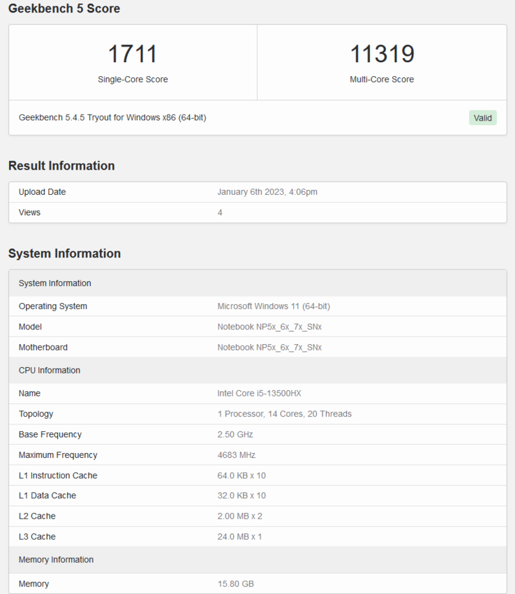 Intel Core i5-13500HX: l'elenco di Geekbench (immagine da Geekbench)