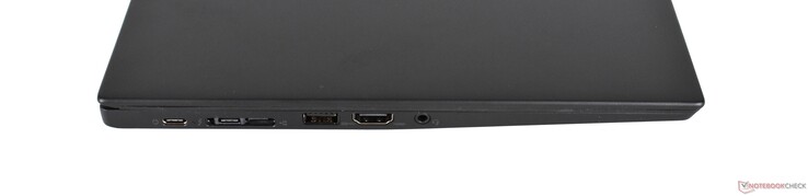 A sinistra_ una porta USB 3.1 Gen 1 Type-C, una porta Thunderbolt 3, miniRJ45/Dockingport, una porta USB 3.0 Type-A, jack combinato cuffie/microfono