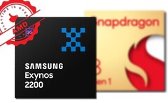 La partnership Samsung/AMD potrebbe aver dato i suoi frutti per l&#039;Exynos 2200 nelle prestazioni della GPU. (Fonte immagine: Samsung/Qualcomm/designevo - modificato)