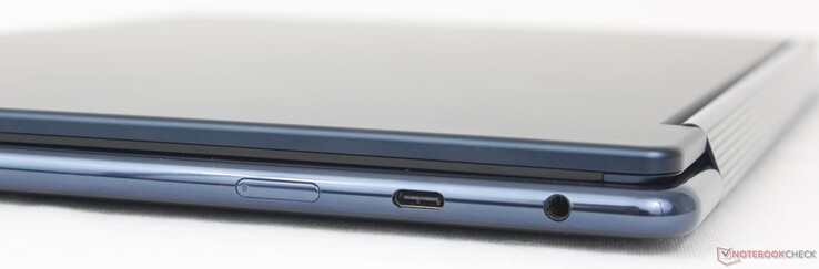 A destra: Pulsante di accensione, USB-C 3.2 Gen. 2, (10 Gbps) con DisplayPort 1.4 + Power Delivery 3.0, cuffie da 3,5 mm