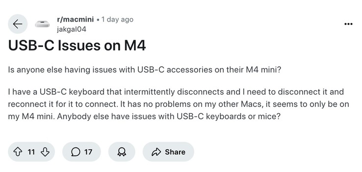 I problemi di connessione USB-C relativi al Mac mini continuano ad apparire sui forum. (Fonte immagine: Reddit)