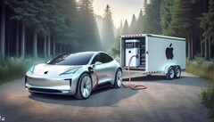 Un'impressione generata dall'AI di un'auto Apple con un sistema di batterie fuori bordo. (Immagine: Dall-E 3)