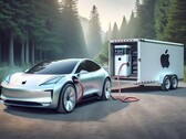 Un'impressione generata dall'AI di un'auto Apple con un sistema di batterie fuori bordo. (Immagine: Dall-E 3)