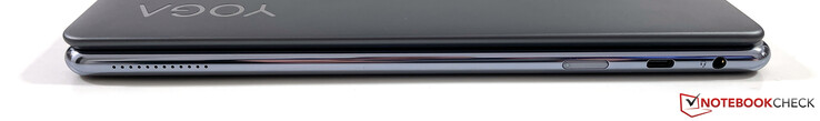 Lato destro: Pulsante di accensione, USB-C 3.2 Gen. 2 (Power Delivery 3.0, DisplayPort-ALT mode 1.4), jack stereo 3.5 mm