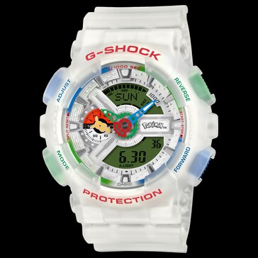 Vista frontale del Casio G-Shock Pokémon 30° Anniversario GA-110PKM-7A su sfondo nero.