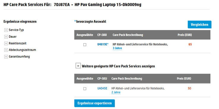 Opzioni HP Care Pack