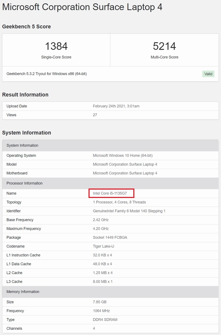 Surface Laptop 4 con Tiger Lake. (Fonte: Geekbench)