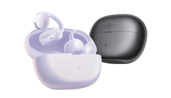 Gli auricolari Shokz OpenDots Air sono disponibili nei colori viola e nero.