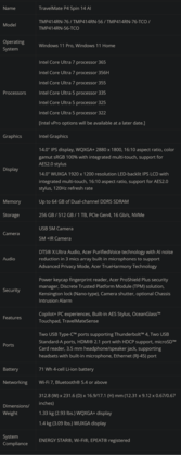 Specifiche di TravelMate P4 Spin 14 AI