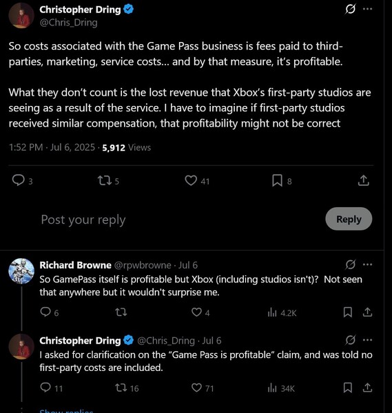 Christopher Dring X ha pubblicato un post sulla redditività di Xbox Game Pass (Fonte immagine: screenshot, account Christopher Dring X)