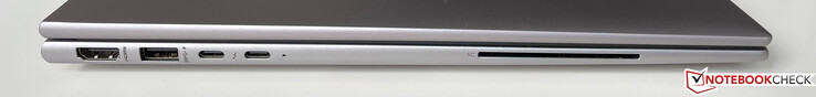 A sinistra: HDMI 2.0, USB-A 3.2 gen 1 (5 Gb/s, alimentato) 2x USB-C con Thunderbolt 4 (USB 4, 40 Gb/s, DisplayPort modalità ALT 1.4, Power Delivery 3.0), lettore di smart card (opzionale)