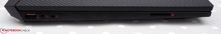 A sinistra: USB 3.1 Gen1 Type-A, jack cuffie da 3.5 mm, jack microfono 3.5 mm, lettore schede SD
