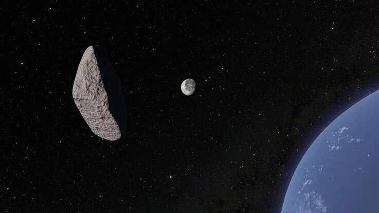Un'illustrazione che mostra il passaggio dell'asteroide 2024 YR4 vicino alla Luna.  