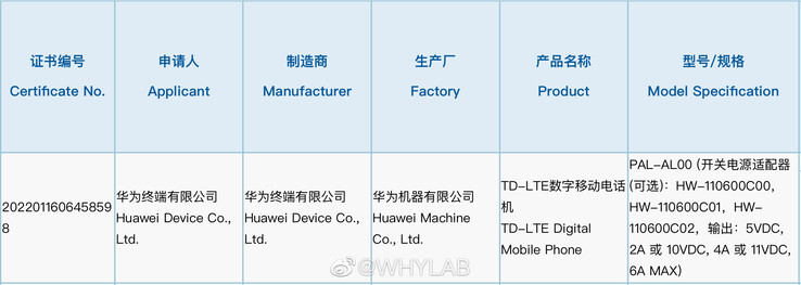 Il "Mate X3" appare sul database di 3C. (Fonte: WHYLAB via Weibo)