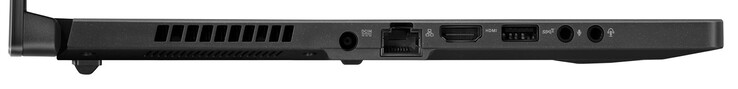 Lato sinistro: alimentatore, Gigabit Ethernet, HDMI, USB 3.2 Gen 2 (Type A), ingresso microfono, jack cuffie