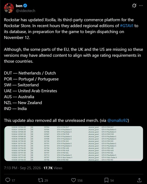 Codici regionali di GTA 6 disponibili sul Rockstar Store