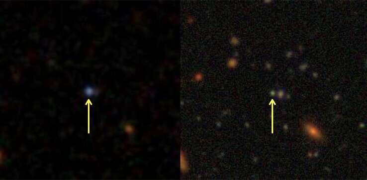 Un'immagine che mostra la galassia J0218-0036 nel 2002 a sinistra e nel 2018 a destra.