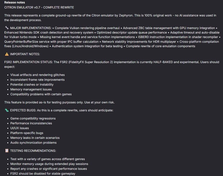 Note di rilascio del nuovo aggiornamento (Fonte: Citron)