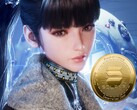 Il personaggio di Stellar Blade Eve accanto alla criptovaluta (Fonte: Shift Up, Amazon con modifiche)