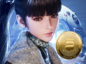 Il personaggio di Stellar Blade Eve accanto alla criptovaluta (Fonte: Shift Up, Amazon con modifiche)