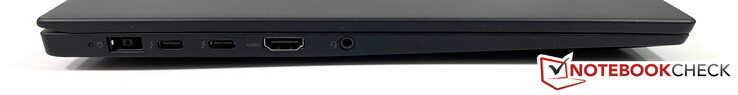 Lato sinistro: Alimentazione (SlimTip), 2x Thunderbolt 3 w/ USB-C (USB 3.1 Gen.2, DisplayPort), HDMI 2.0, 3,5 mm stereo