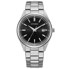Orologio da cerimonia Citizen BM1350-54E Eco-Drive con quadrante nero a raggi di sole, cassa e bracciale in acciaio inossidabile, indici a bastone e datario a ore 3.