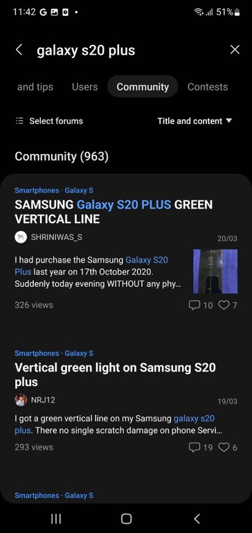 Utenti che si lamentano dei problemi di visualizzazione di Galaxy S20 Plus su Samsung Members (immagine via own)