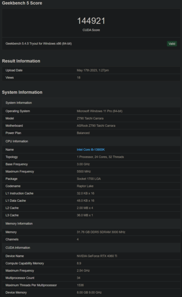 Nvidia GeForce RTX 4060 Ti Geekbench (immagine via Geekbench)