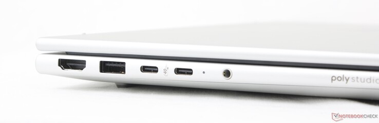 Sinistra: HDMI 2.1, USB-A (5 Gbps), 2x USB-C 4.0 con DisplayPort 1.4 + Power Delivery (40 Gbps)