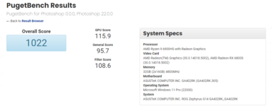 Asus ROG Zephyrus G14 con Ryzen 9 6900HS e Radeon RX 6800S in PugetBench Photoshop. (Fonte: PugetBench)