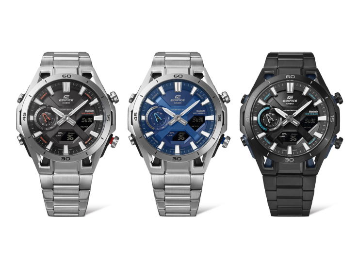 Da sinistra a destra: gli orologi Casio Edifice ECB-2300YD-1A (ECB-2300D-1A), ECB-2300D-2A e ECB-2300YDC-1A (ECB-2300DC-1A). (Fonte: Casio)