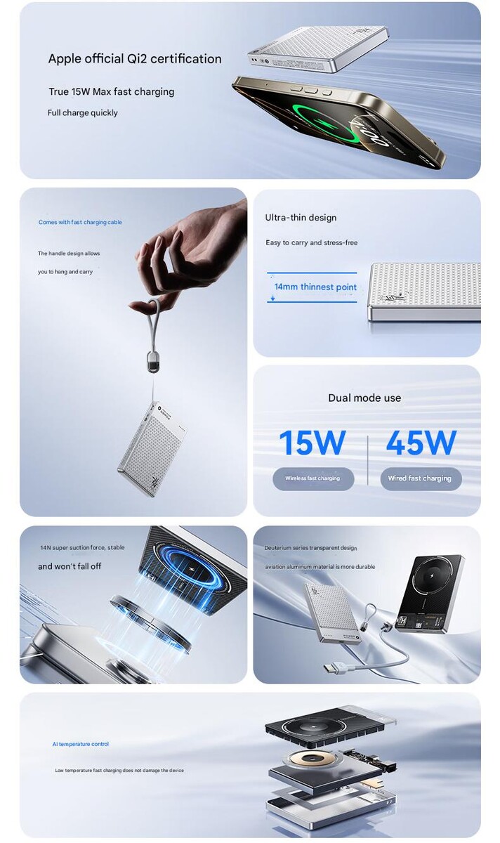 HUNE Halcon W10 Power Bank Magnetico 10.000 MAh - Ricarica Rapida 20W USB-C E 15W Wireless - Compatibile MagSafe Con Supporto - Plastica Riciclata