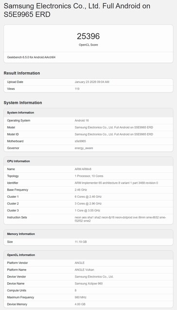 Per un confronto: Un sistema di prova Exynos 2600 in un test OpenCL.