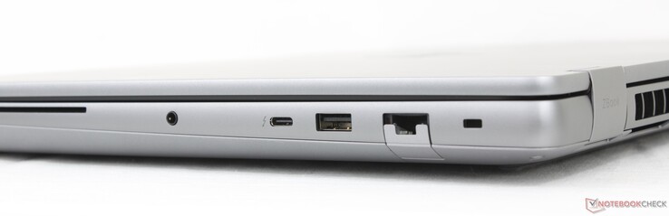 A destra: Lettore di Smart Card, cuffie da 3,5 mm, USB-C Thunderbolt 4 con DisplayPort 2.1 + Power Delivery (40 Gbps), USB-A (10 Gbps), RJ-56 (2,5 Gbps), slot di blocco