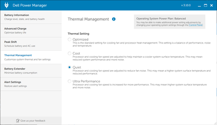 Impostazioni di gestione termica di Dell Power Manager