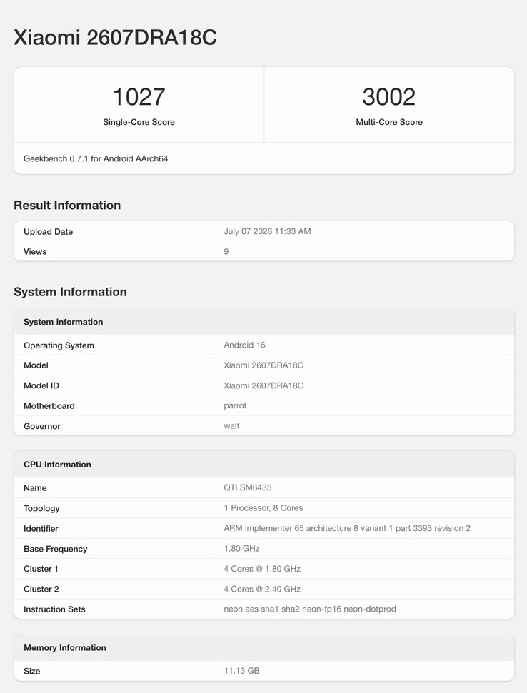 Scheda su Geekbench relativa al prossimo smartphone Xiaomi.