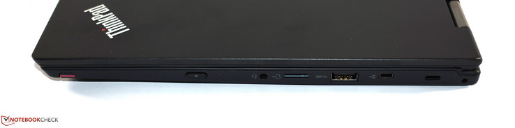 Destra: porta audio Combo, microSD card reader, USB 3.0 Type-A, mini-Ethernet port, Kensington Lock