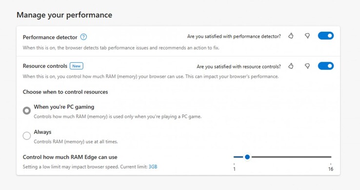 Le impostazioni delle risorse di Microsoft Edge consentono agli utenti di impostare un limite fisso di RAM. (Fonte: Microsoft)