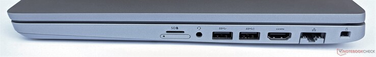 A destra: lettore di schede microSD (in alto), alloggiamento per schede SIM (in basso), 2x USB 3.2 Gen1 tipo A, HDMI, GigabitLAN, Kensington