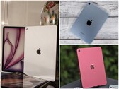Un collage di tre immagini che mostra un iPad argento con la sua scatola, un iPad mini blu su una superficie di legno e un iPad rosa all'aperto (fonte: Notebookcheck)