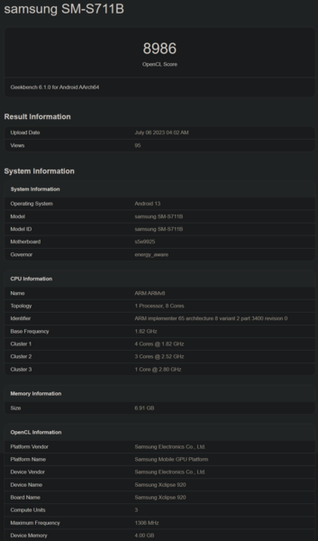 Samsung Galaxy S23 FE su Geekbench (immagine via Geekbench)