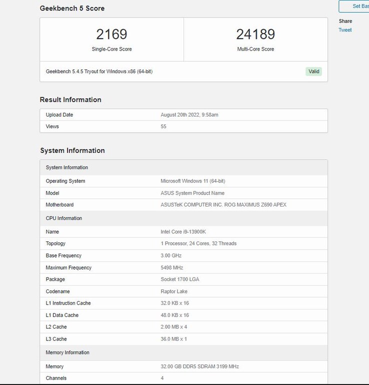 Geekbench 5 per il Core i9-13900K. (Fonte: Geekbench)