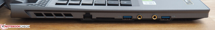 Lato sinistro: Porta Ethernet RJ45, lettore di schede SD, porta USB 3.0 Type-A, jack per microfono, jack per cuffie, porta USB 3.0 Type-A